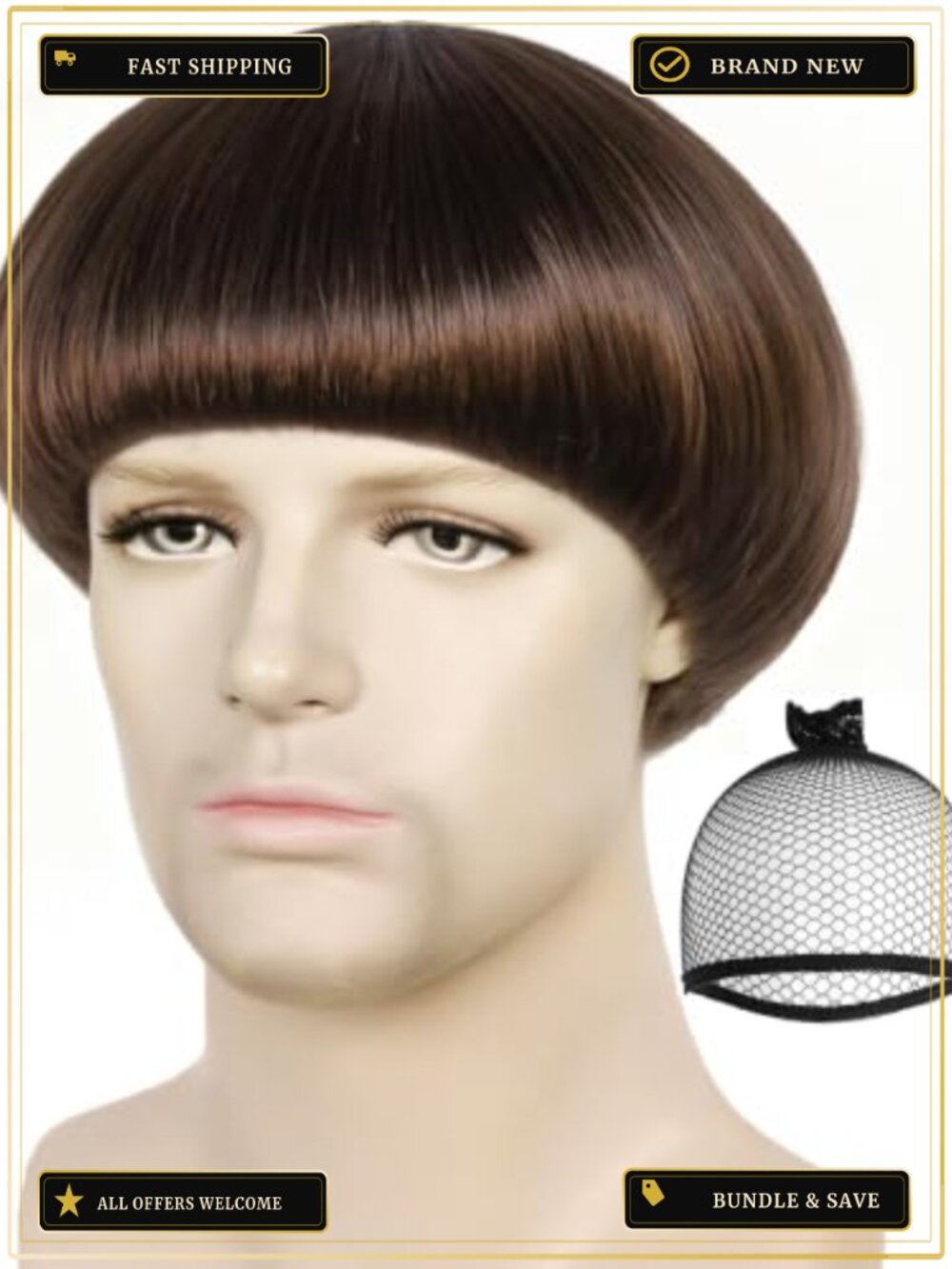 Synthetic Bowl Cut Wig with Bangs for Cosplay and Halloween